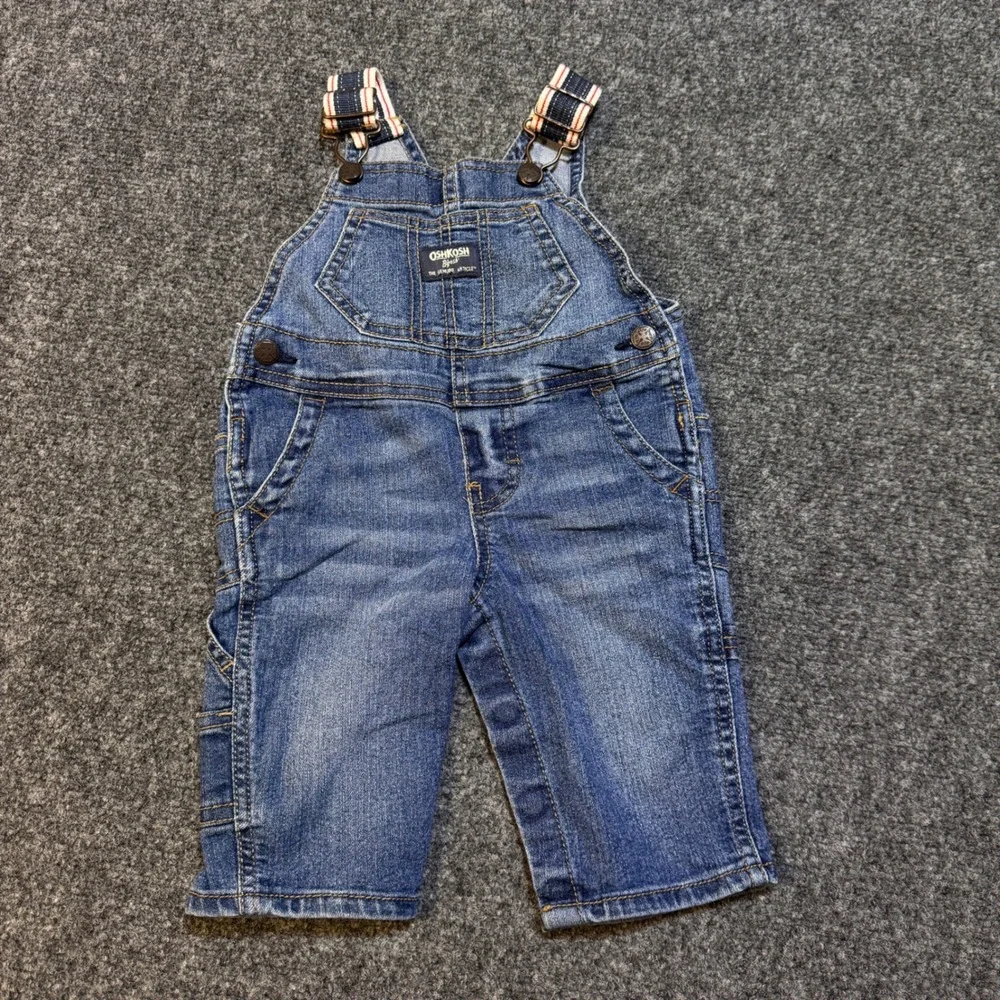 OshKosh B'gosh Denim Overalls Baby 6M Blue Vestbak Striped Straps Classic Work